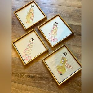 Antique Custom Framed Japanese Silk Art Geisha